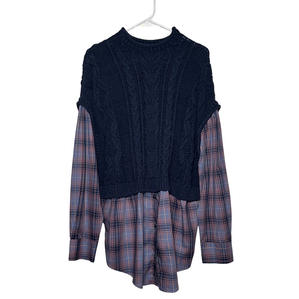 Anthropologie Maeve Navy Cable Knit Sweater Shirt Combo Layered Blouse Top XL